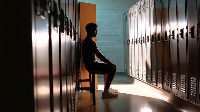 Faceless silhouette of a young player framed by open locker doors, low contrast and muted tones emphasizing emotional exhaustion, with copy space
