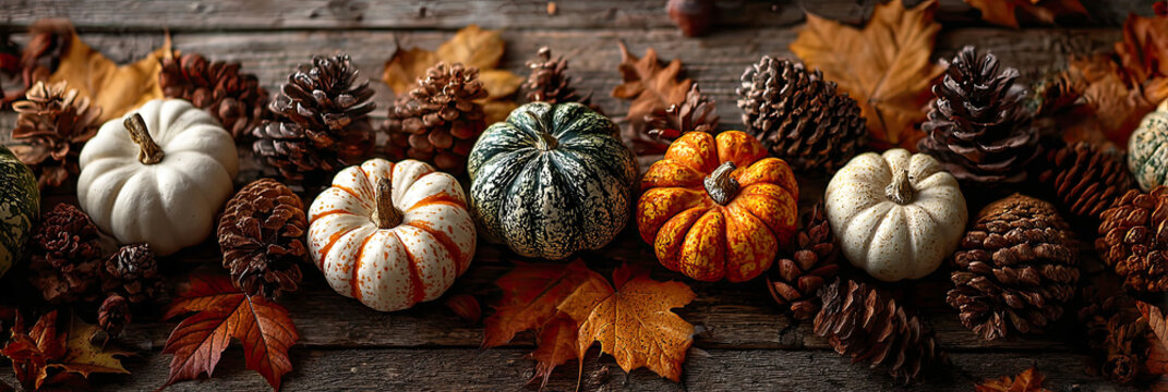 Colorful pumpkins and pinecones arranged on rustic wooden surface with autumn leaves surrounding