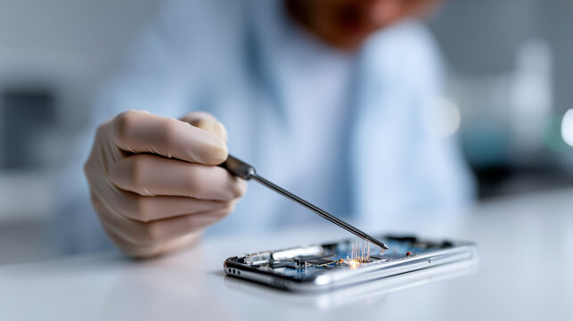 Detailed close-up of a technicianâs gloved hands repairing an open smartphone on a white desk. One hand holds the phone steady, while the other uses a small precision screwdriver t