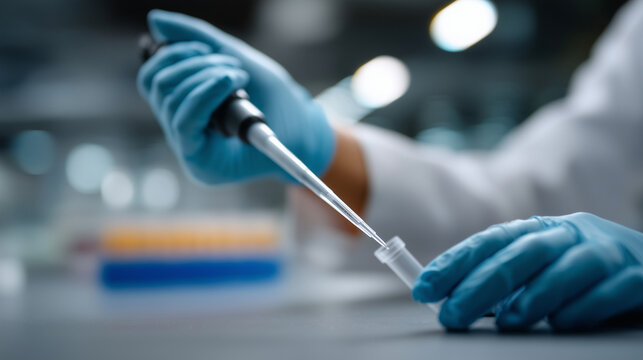 Detailed close-up of a research scientistâs gloved hands working with laboratory equipment. One hand holds a small plastic centrifuge tube (Eppendorf), while the other operates an
