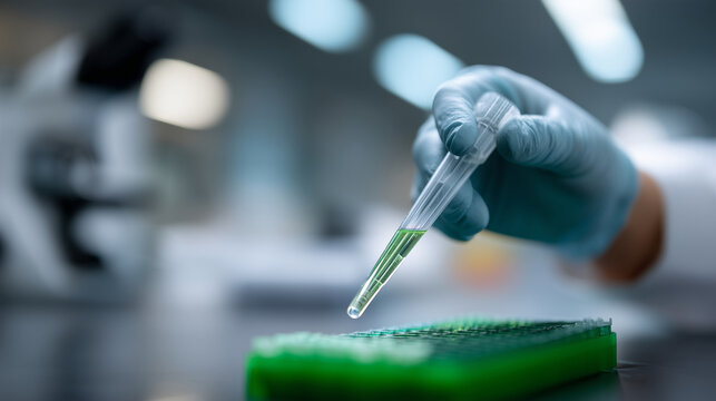 Macro shot of a gloved hand inserting a small PCR microtube into a green rack within a real-time PCR thermal cycler machine. The background shows softly blurred lab instruments and