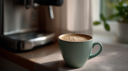 Close-up still life of a freshly brewed latte in a ceramic cup beside a vintage-style espresso machine on a home coffee station. The window beside the setup filters warm daylight t