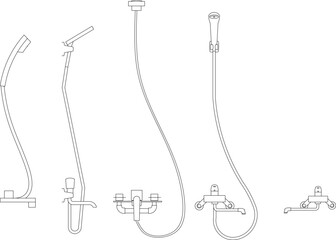 Vector line drawing set of bathroom shower fixtures: faucets, handheld showerheads, and mounting units shown in elevation.