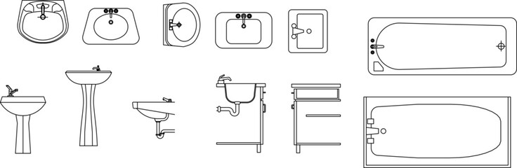 Vector set of bathroom fixtures: sinks, washbasins, and bathtubs shown in top view and elevation for architectural drawings.