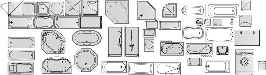 Vector set of bathroom fixtures top view: bathtubs, showers, washing machine, and sanitary ware for architectural floor plans.