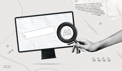 Trendy Halftone Collage Artificial intelligence and digital technology. Hand holding magnifying glass on laptop screen. AI powered search engine. Contemporary vector illustration art
