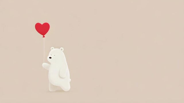 White cartoon bear holding red heart shape balloon. Cute character for Valentines Day greeting card design or childrens animation.