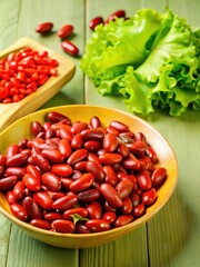 A cluster of red kidney beans on a wooden table with a few beans spilled out