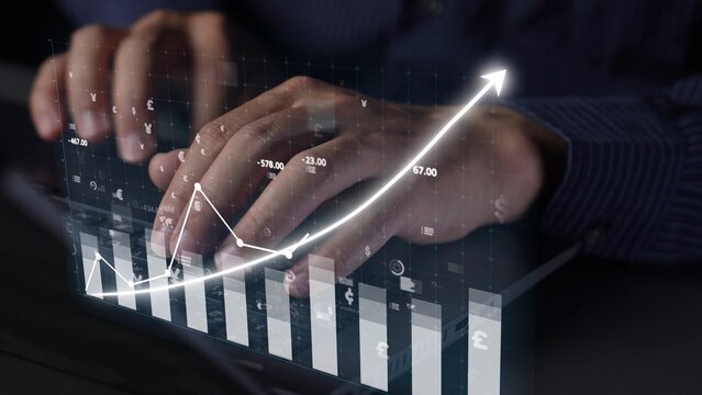 A businessperson engages with a digital tablet showcasing financial growth trends. Graphs and currency symbols highlight the importance of investment analysis. Copula