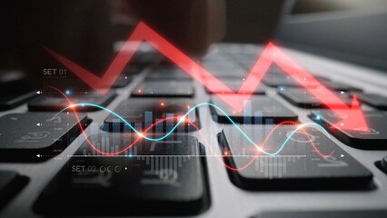 Economic caution visualized with fluctuating market graph, alert symbols, and negative data trends....