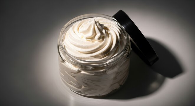 Whipped body butter in clear jar with black lid offers luxurious skincare experience and pampering for dry skin