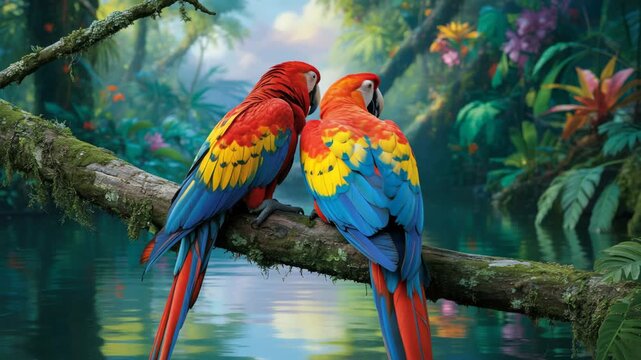 Two scarlet macaws perched on a branch in a lush tropical rainforest