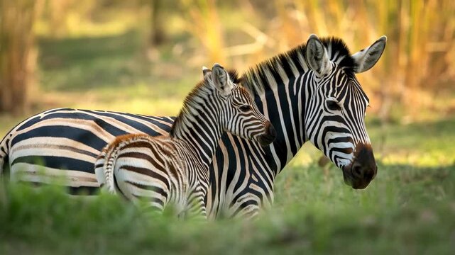 Zebra mother and baby grazing in a lush green field during daytime