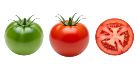 Tomato in various stages of ripeness isolated on transparent background, from green to red