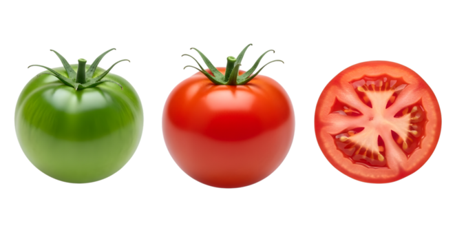 Tomato in various stages of ripeness isolated on transparent background, from green to red - Powered by Adobe