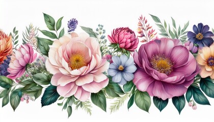 Vintage Watercolor Flowers Horizontal Border Isolated On White Background Illustration For Card Border Banner Or Your Other Design