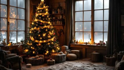 Cozy Christmas Cabin Interior with Decorated Tree and Snowy Window View 1.