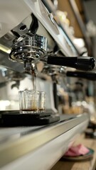 Espresso brewing into shot glasses from coffee machine