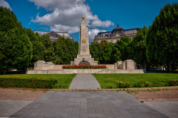 Budapest, Hungary – July 27, 2025: The Soviet War Memorial in Liberty Square honors Soviet soldiers who died liberating Hungary during World War II, standing amid manicured gardens and historic archit