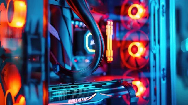Close-up of colorful gaming computer with vibrant LED lighting and complex hardware setup