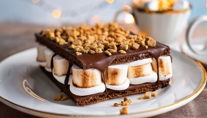 Decadent Layered Chocolate And Marshmallow Dessert Bar With Golden Toasted Marshmallows On A Crunchy Graham Cracker Crust Served On A White Plate