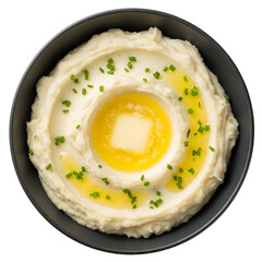 Creamy, fluffy mashed potatoes in a ceramic bowl with melting butter and chives. Perfect overhead shot, sharp texture for Thanksgiving, holiday menus, recipe blogs, or elegant food promotion.
