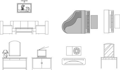 Vector set of interior elements: sofa, piano (top view), AC unit, TV, vanity, and mirror showing elevation and plan view. © Riki