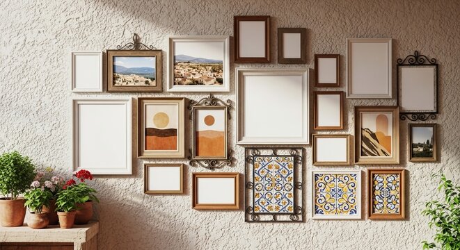 Gallery wall with various empty and filled picture frames and plants  