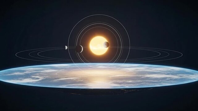 Conceptual animation of the Flat Earth model with the sun and moons in orbit. 3D visualization of an ancient cosmology and popular conspiracy theory.