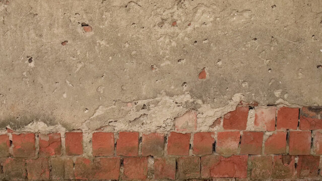 Old brick wall texture background partially covered by crumbling gray concrete stucco. Weathered aged red bricks with dirt and grunge abstract surface for design. - Powered by Adobe