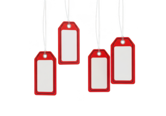 Four red tags isolated on transparent background