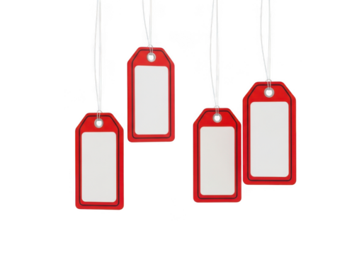 Four red tags isolated on transparent background