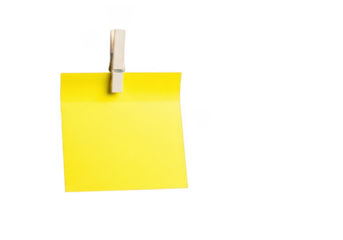 Yellow note held by clothespin isolated on transparent background