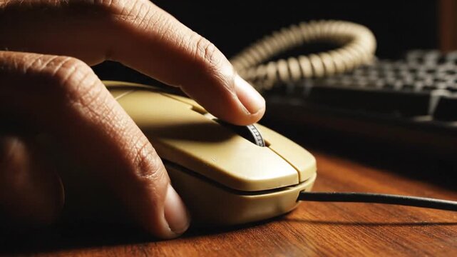 Close-up of Hand Using Vintage Computer Mouse on Desk.
