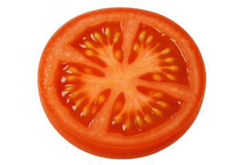 Ripe red tomato slice in cross section, showing seeds, pulp, and juicy flesh, ideal for healthy eating concepts
