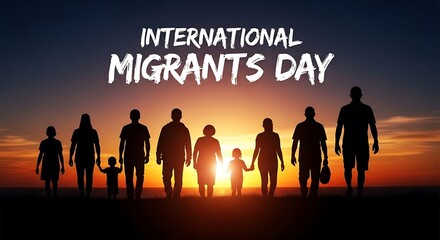 International migrants day: diverse people silhouettes on sunset