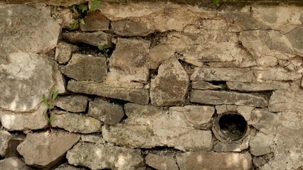 A natural, rugged, aged brown and gray dry stone or concrete retaining wall texture background, featuring an irregular rock pattern and small green ivy climbing plant on the side.