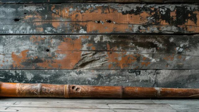 Rustic wooden flute on weathered background