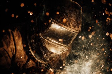 Skilled welder working with metal, surrounded by intense sparks and protective smoke in workshop.