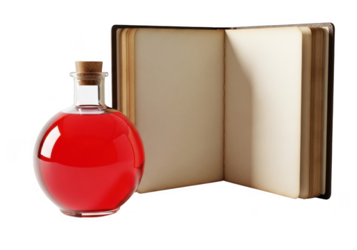 Red potion and book isolated on transparent background - Powered by Adobe
