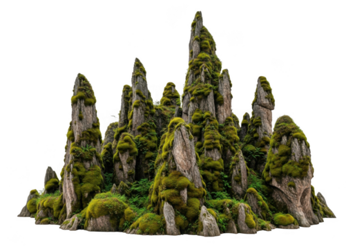 Mossy rock formations isolated on transparent background