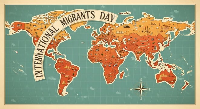 International migrants day, vintage map with global landmarks