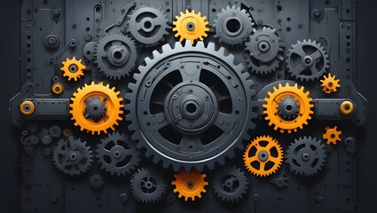 Intricate abstract 3D gear design with vivid orange accents