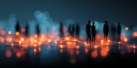 Silhouetted people connected by glowing orange network lines against blue bokeh city lights background. Conceptual human-technology interconnection, futuristic digital society linkage vibe.