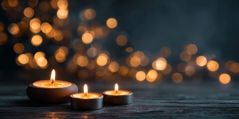 Three lit tealight candles in metal tins on dark wooden surface against warm golden bokeh light background. Intimate cozy holiday ambiance, serene flickering glow vibe.