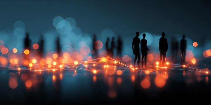 Silhouetted people connected by glowing orange network lines against blue bokeh city lights background. Conceptual human-technology interconnection, futuristic digital society linkage vibe.