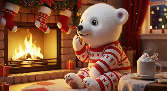 Cute polar bear in festive pajamas by fireplace enjoying christmas warmth and stockings - Powered by Adobe