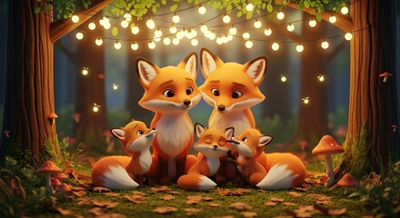 Adorable cartoon fox family cozy evening forest scene with twinkling lights