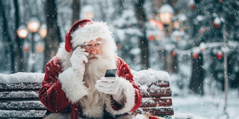 Santa Claus sitting on a snow-covered bench in a winter park, using a smartphone, talking seriously.