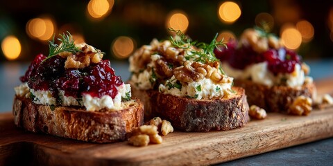 Festive holiday crostini with soft cheese, cranberry jam and walnuts. Rustic style, seasonal appetizer.